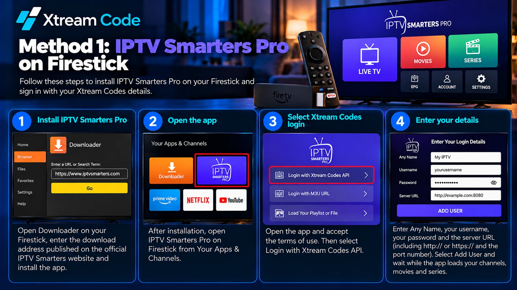 IPTV Smarters Pro on Firestick: Xtream Codes login
