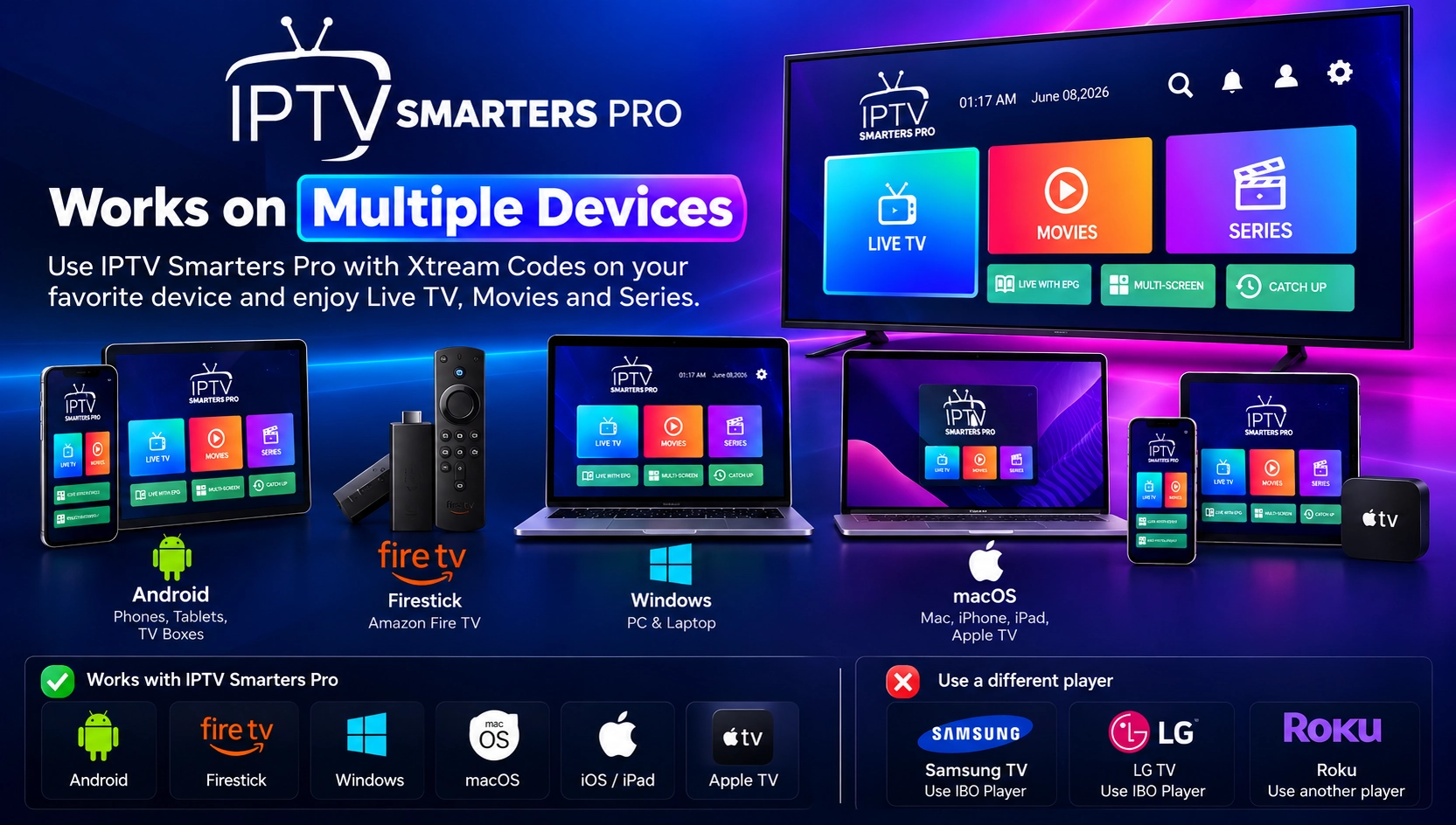 IPTV Smarters Pro supported devices: Android, Firestick, Windows, macOS, iOS and Apple TV