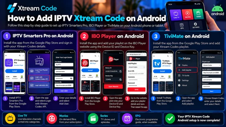 IPTV Xtream Code Android setup with IPTV Smarters Pro, IBO Player and TiviMate