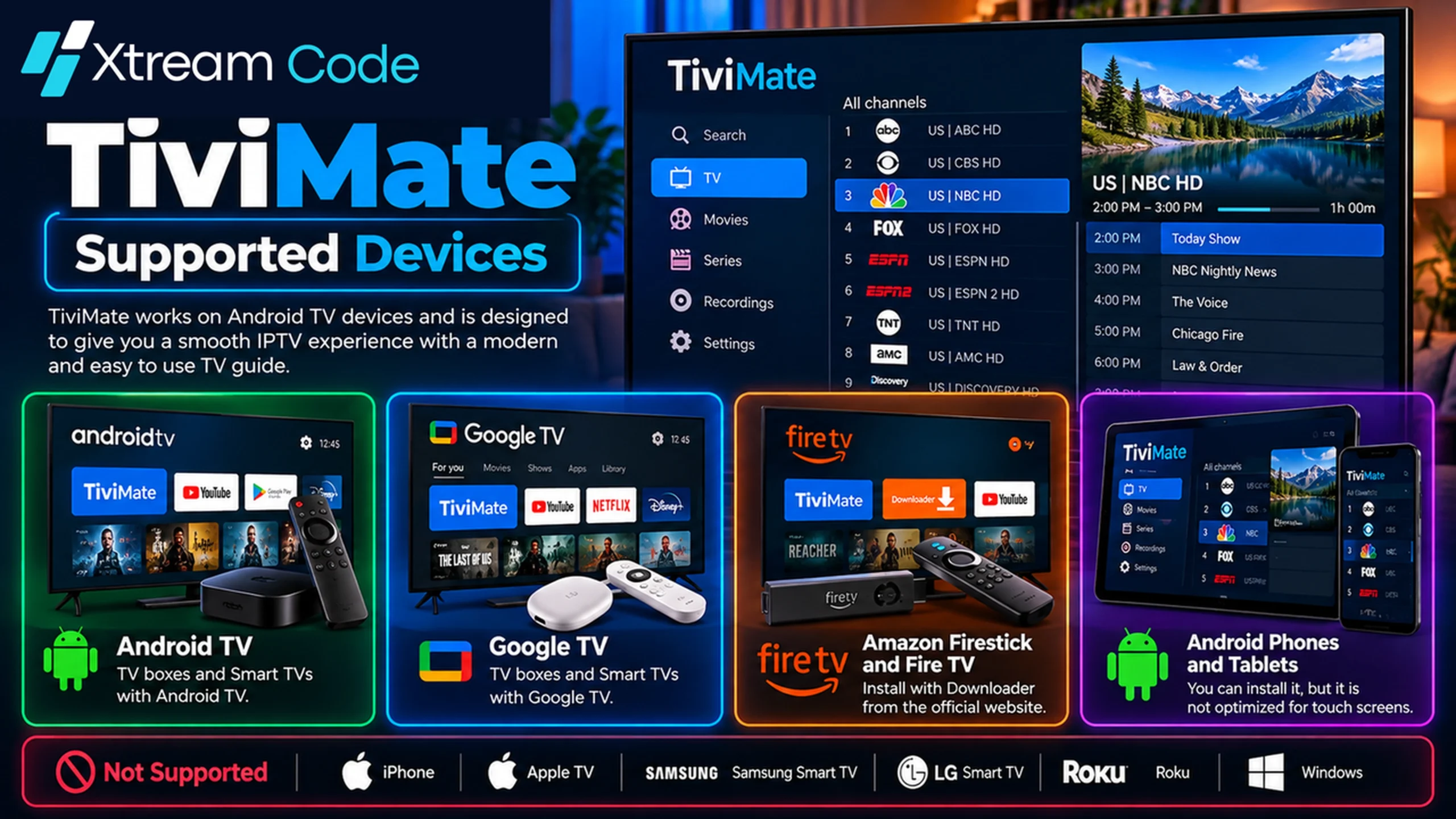 Devices that support TiviMate: Android TV, Google TV and Fire TV