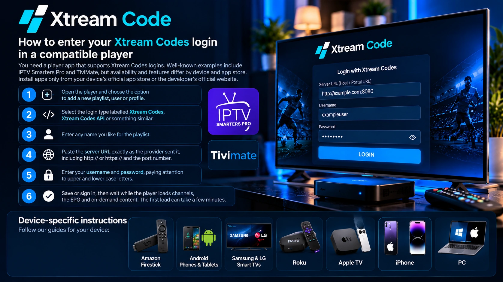 How to enter Xtream Codes login details in a compatible IPTV player
