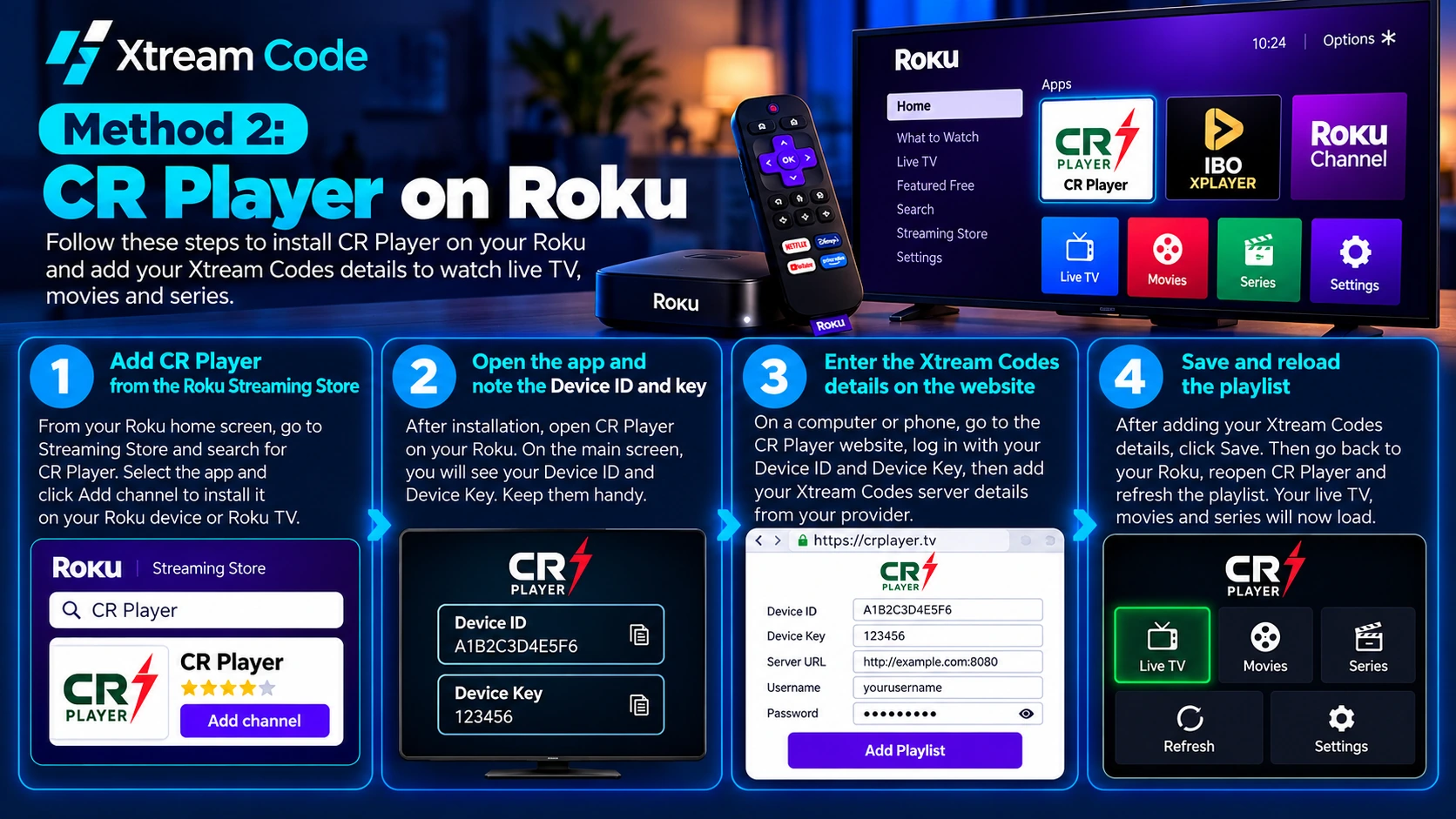 CR Player on Roku: adding your Xtream Codes details