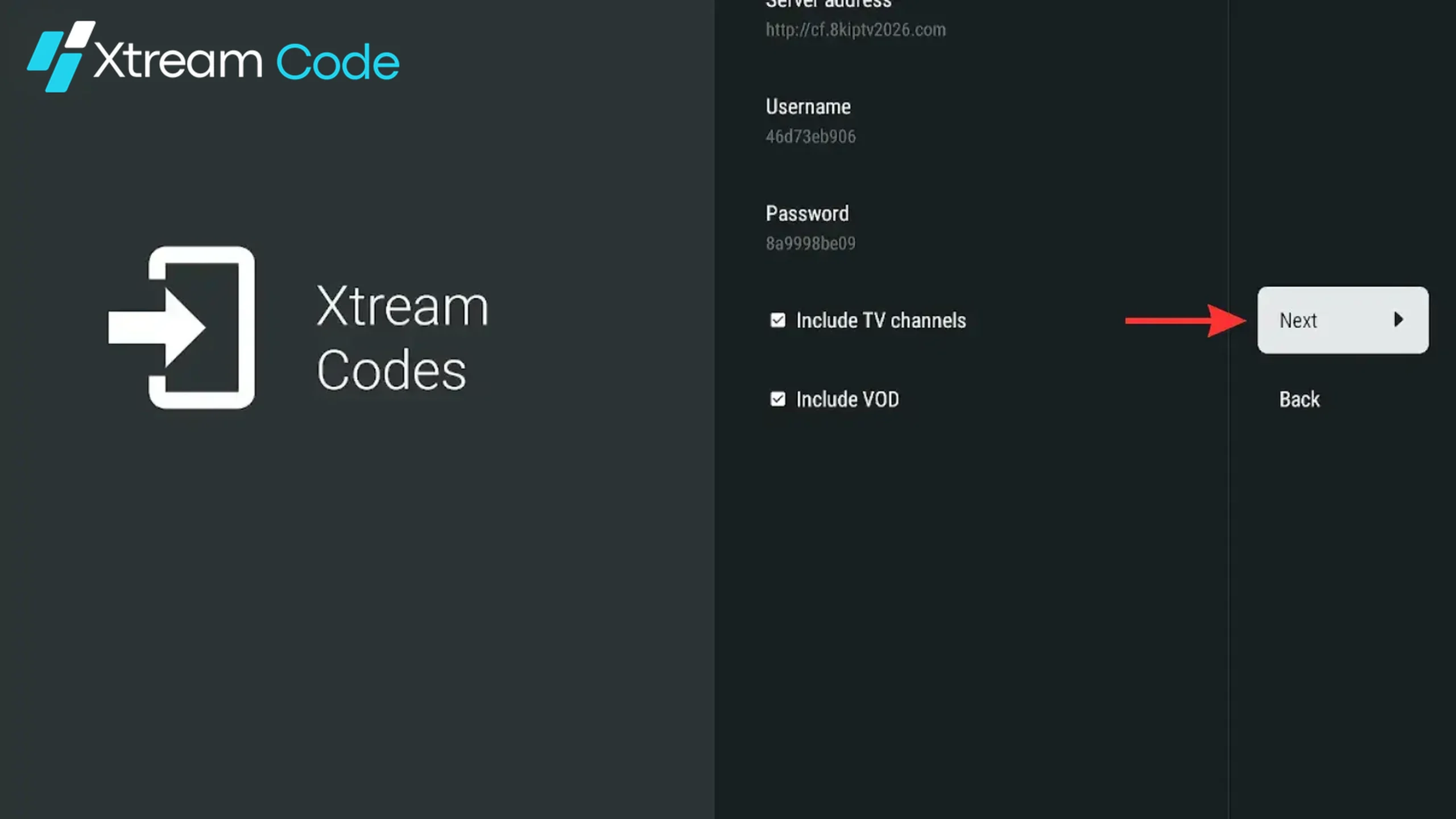 Pressing Next in TiviMate after entering Xtream Codes details