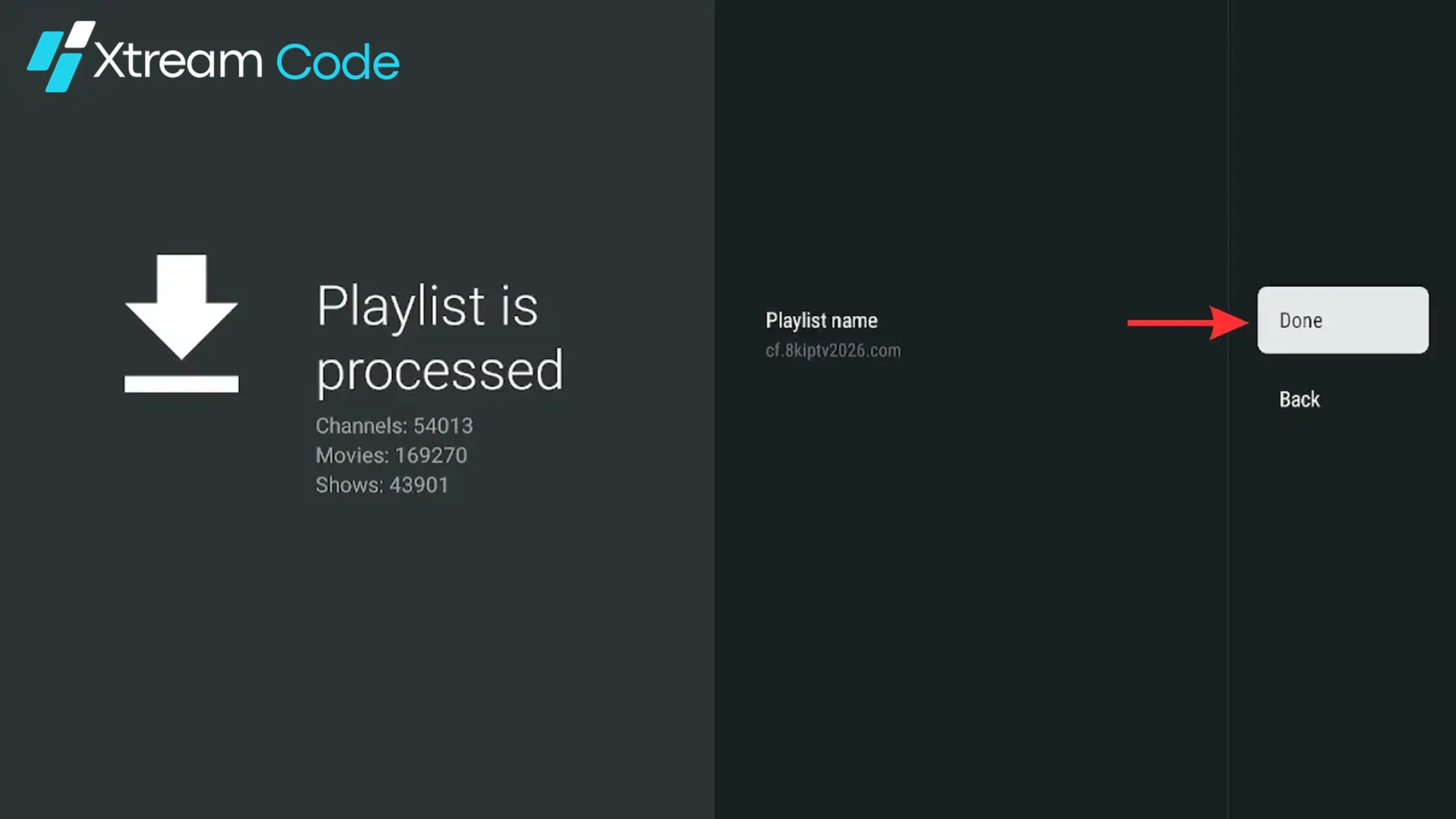 TiviMate playlist processed successfully with the Done button